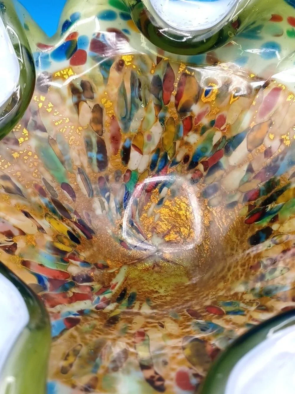 Vintage Murano Art Glass Bowl AVEM Tutti Frutti Zanfirico Aventurine Cased  1950